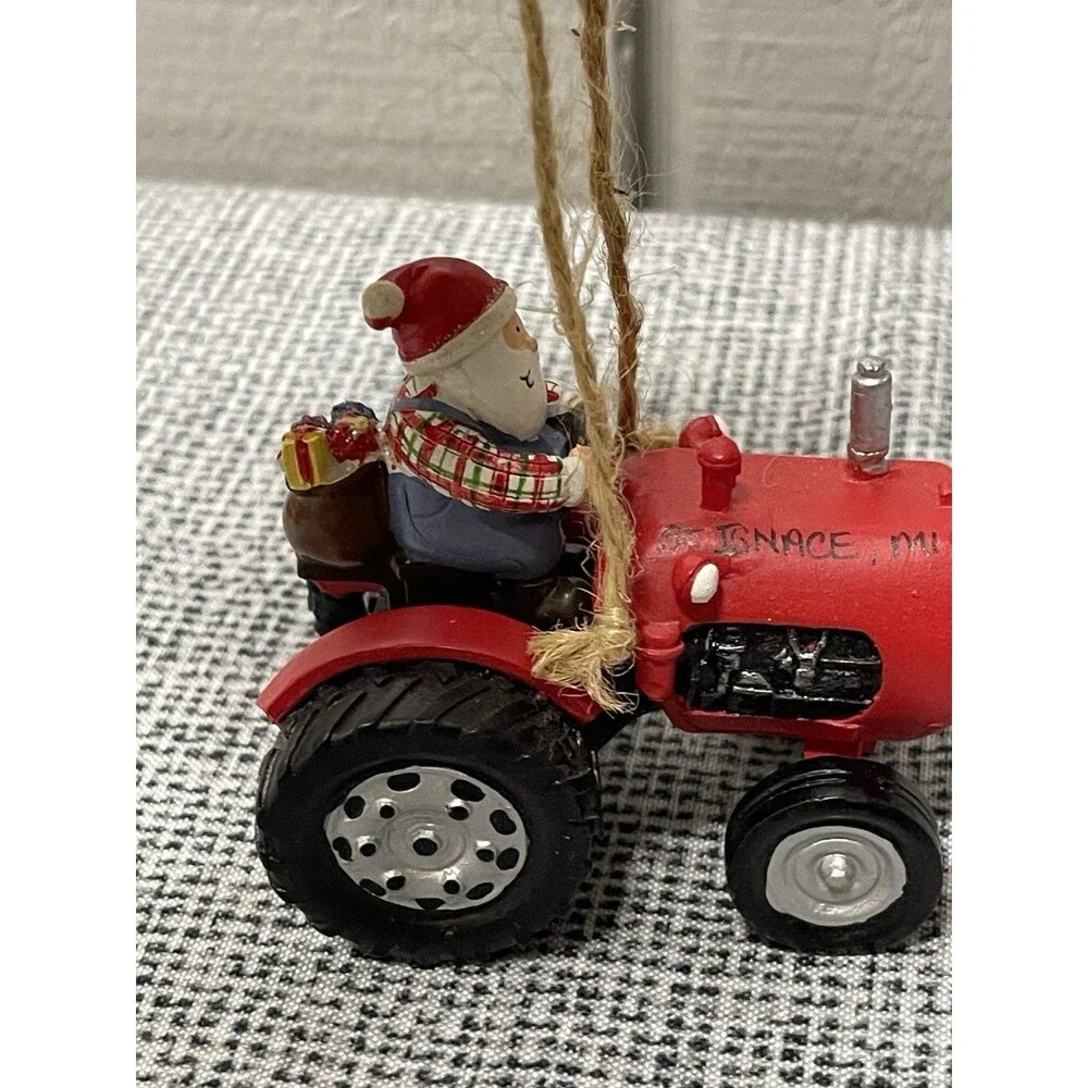 St Ignace Michigan Santa Red Tractor Christmas Ornament Resin Farm Souvenir